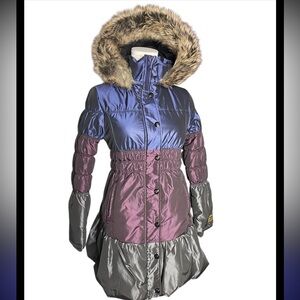 Catimini Paris Girl Iridescent Colorblock Puffer Coat with Faux Fur Hood Size 12